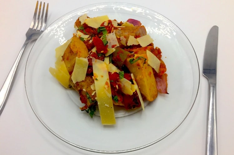 Roasted Italian sausage with peppers, onions, mushrooms and parmesan potatoes.