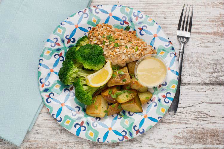Pretzel Crusted Chicken with Potatoes and Lemon Broccoli