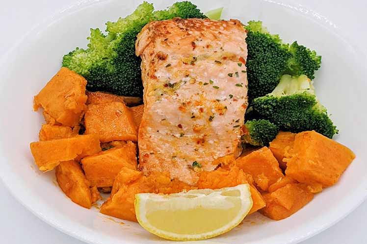Lemon Roasted Salmon with Sweet Potatoes and Broccoli from Meal Village prepared meal delivery