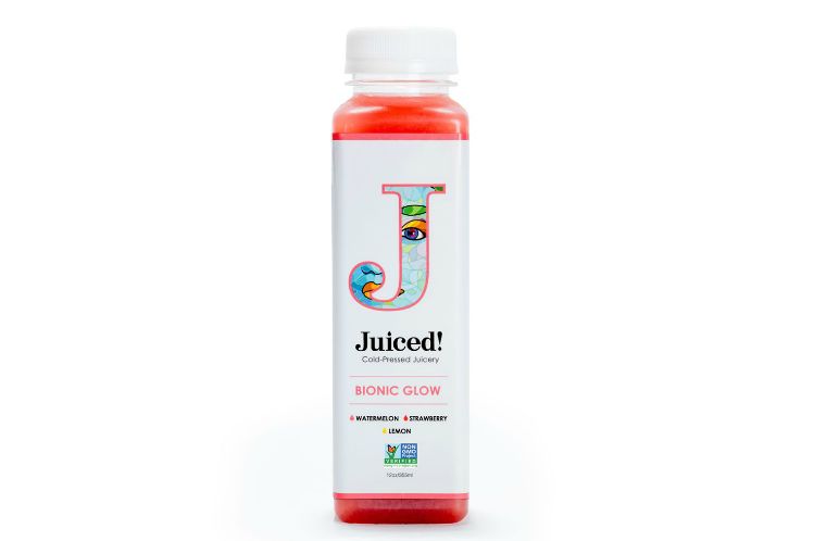 A chilled bottle of Bionic Glow cold-pressed juice, the watermelon, strawberry and lemon blend from Meal Village in Chicago.