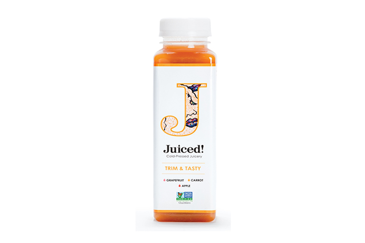 Trim and Tasty cold-pressed juice bottle blended from grapefruit, carrot and apple.