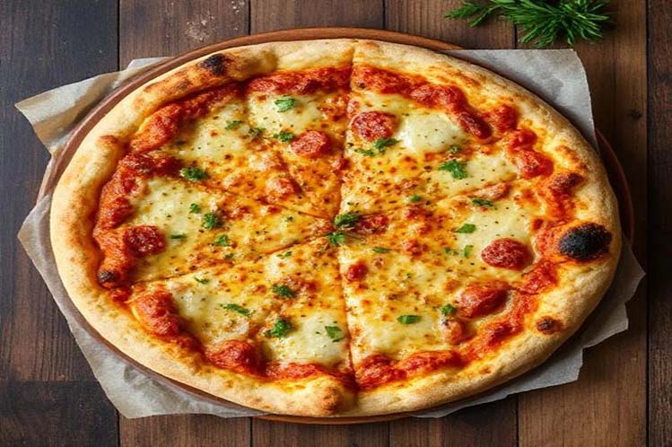 Stone baked cheese pizza sliced into wedges, topped with tomato sauce and mozzarella.