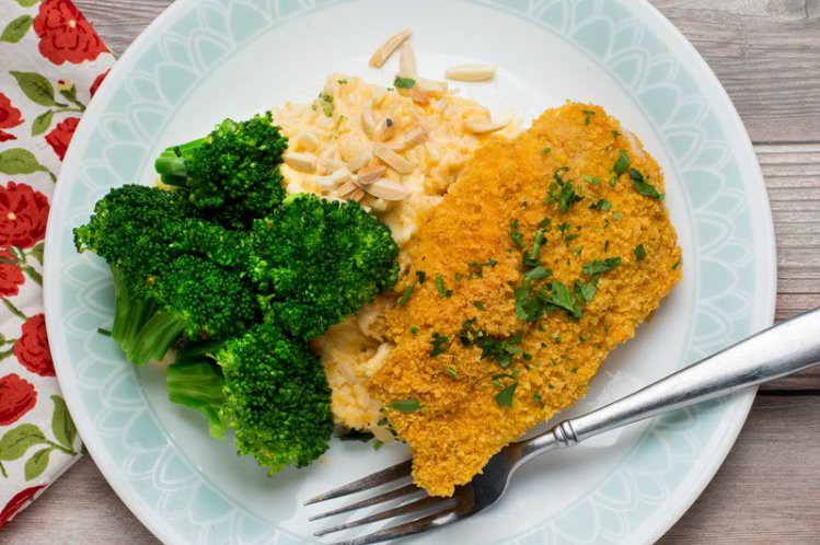 Oven Fried Chicken with Broccoli Cheddar Rice