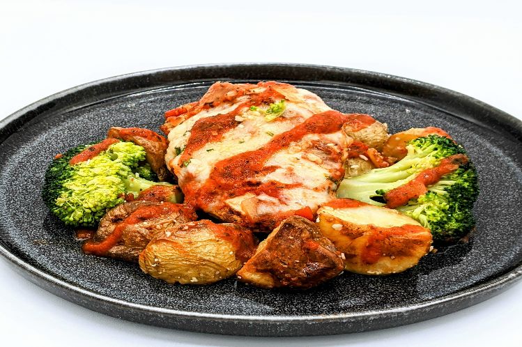 Grilled Chicken Parmesan with Garlic Potatoes and Broccoli