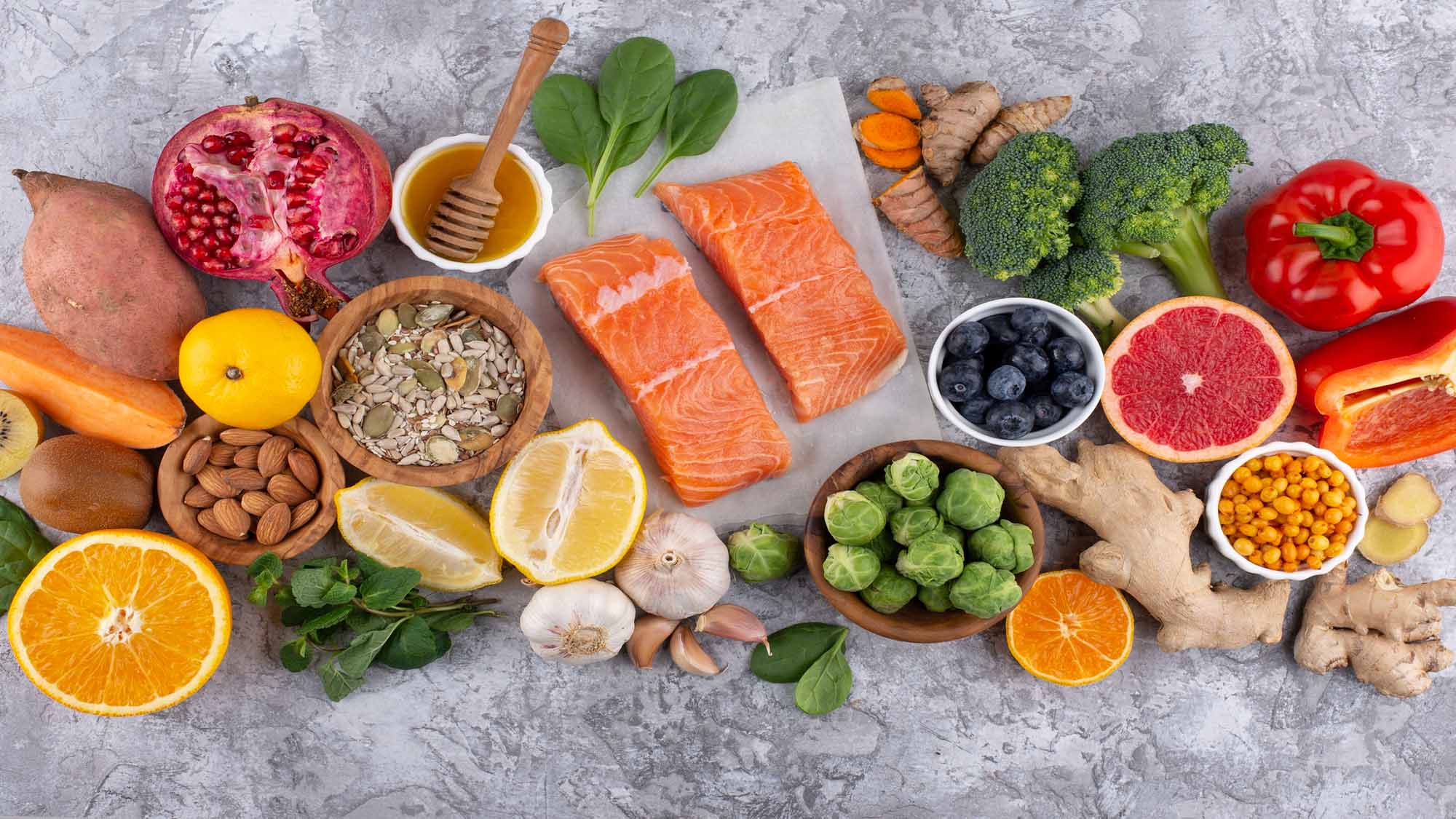 assorted-superfoods-salmon-blueberries-broccoli-and-more