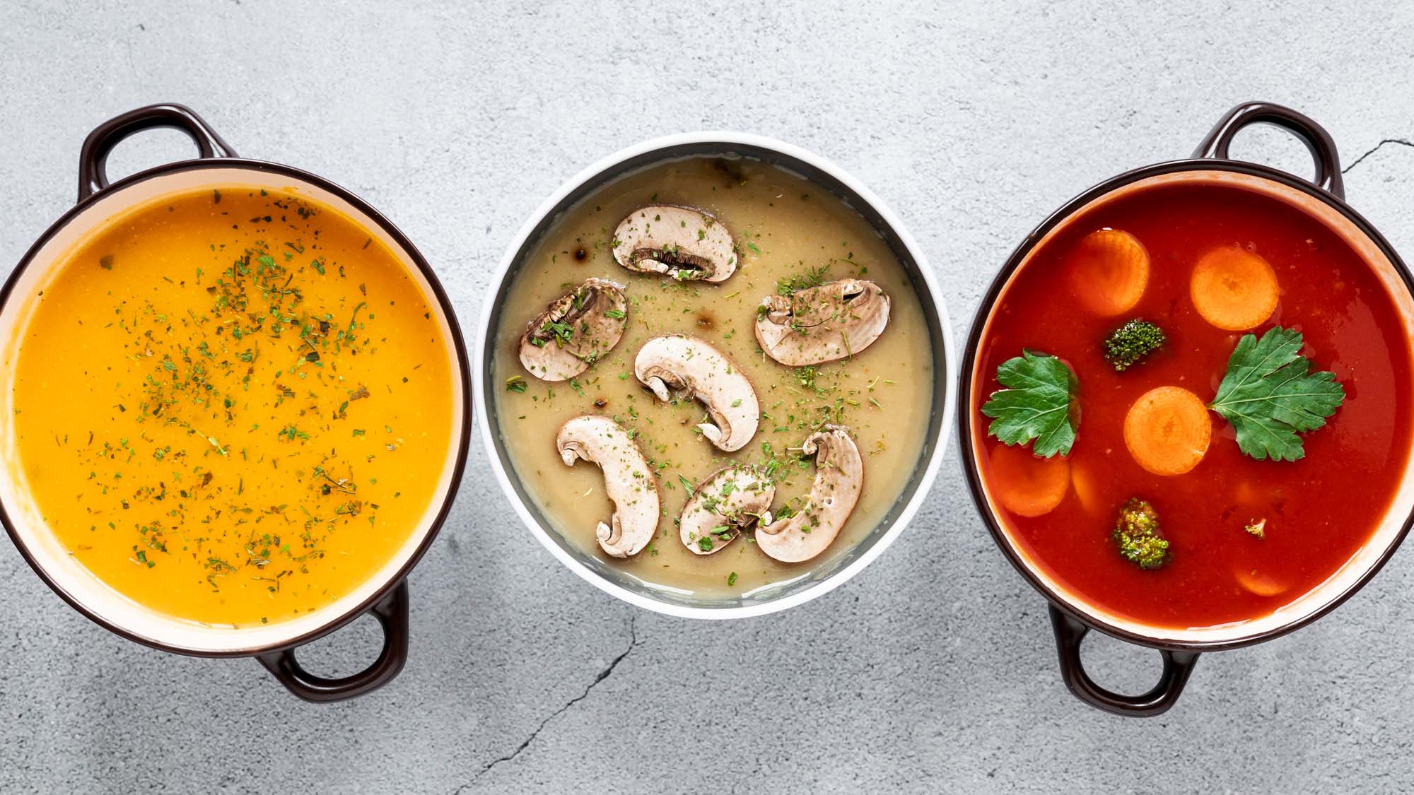 Assortment veggie soups soft food for elderly