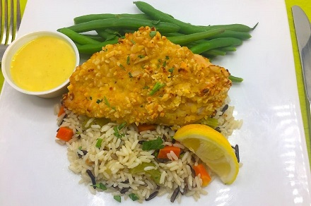 Almond Crusted Chicken with Rice Pilaf and Green Beans