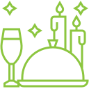 Icon of a covered dish with wine and candles, representing special Thanksgiving dinner delivery from Meal Village